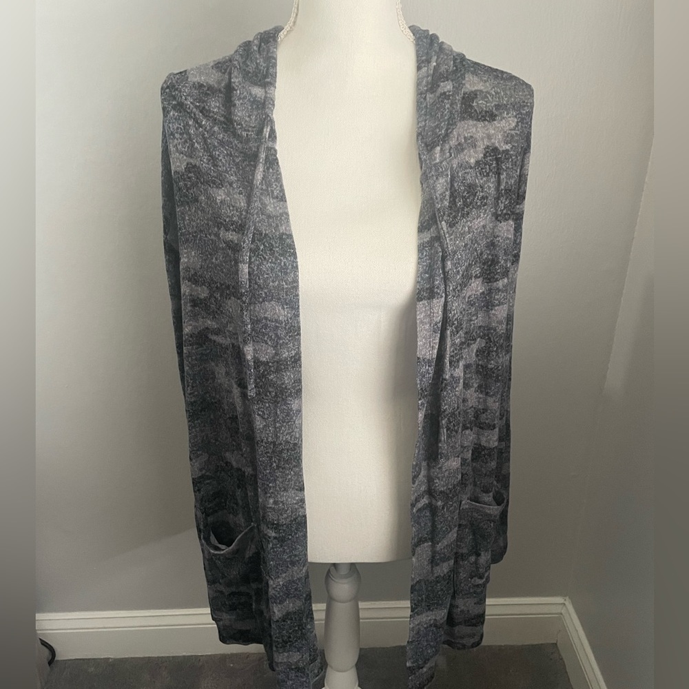 Gray Camouflage Lucky Brand Hooded Open Front Longline Cardigan Sweater